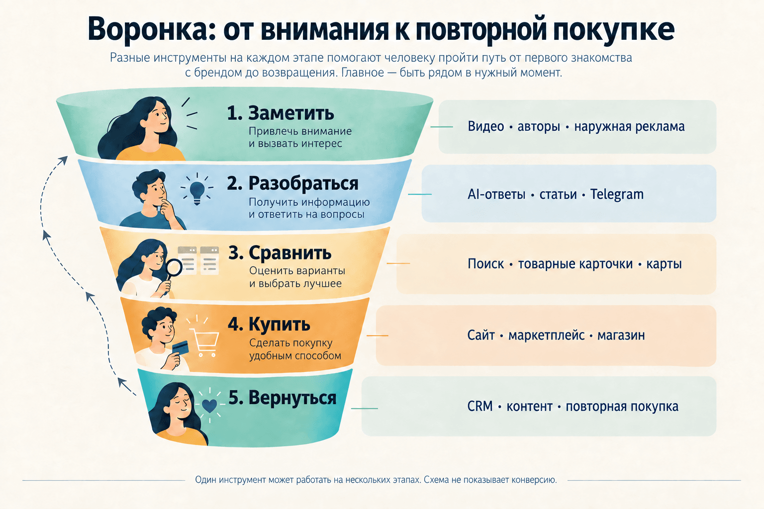 Воронка выбора: заметить, разобраться, сравнить, купить, вернуться; рядом приведены примеры инструментов для каждого этапа