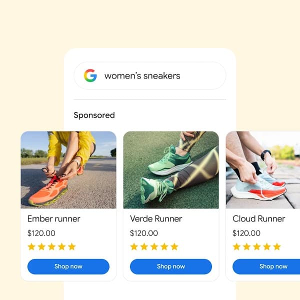 Официальный пример Google Shopping: поиск товара и рекламные карточки с ценой