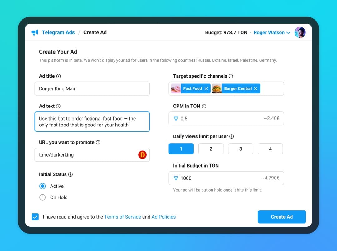 Создание объявления Telegram Ads: текст, ссылка, каналы, ставка и бюджет в TON