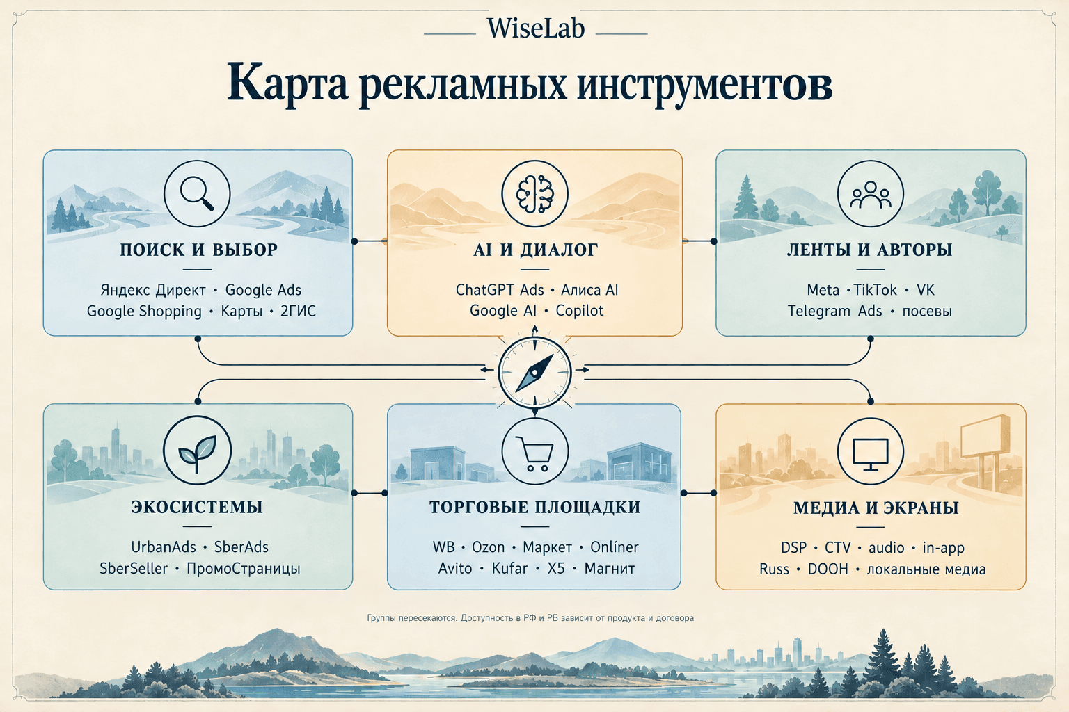 Карта инструментов: поиск и выбор; AI и диалог; ленты и авторы; экосистемы; торговые площадки; медиа и экраны