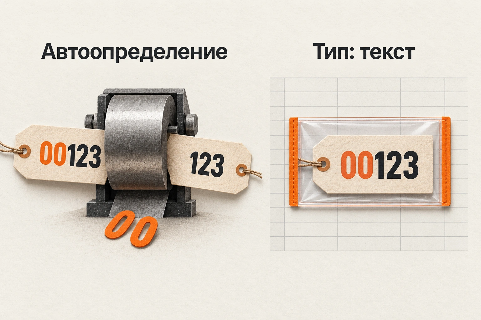 Слева артикул 00123 проходит через валик и становится 123; справа текстовый код 00123 сохранён в защитном конверте.