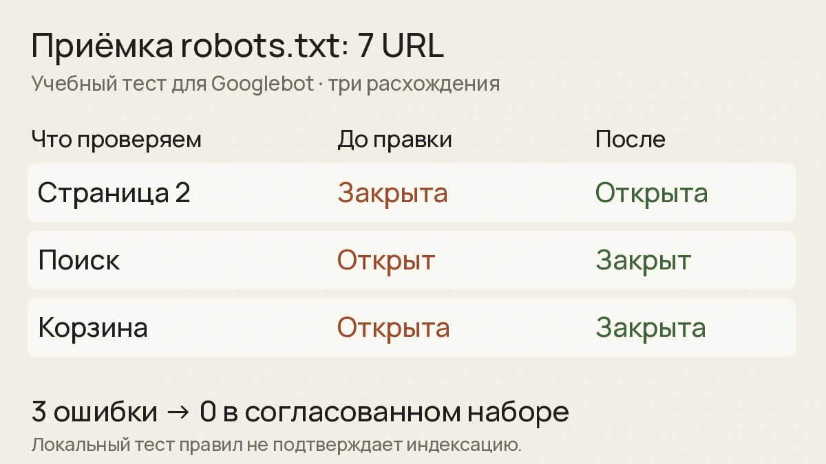 Три расхождения в учебной проверке robots.txt: вторую страницу открыли для Googlebot, поиск и корзину закрыли; в наборе из семи URL осталось ноль расхождений.