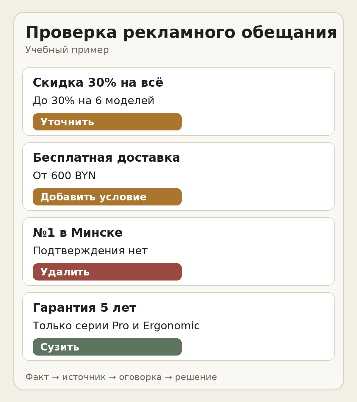 Четыре рекламных обещания сопоставлены с источниками и решениями: уточнить, добавить условие, удалить или сузить.