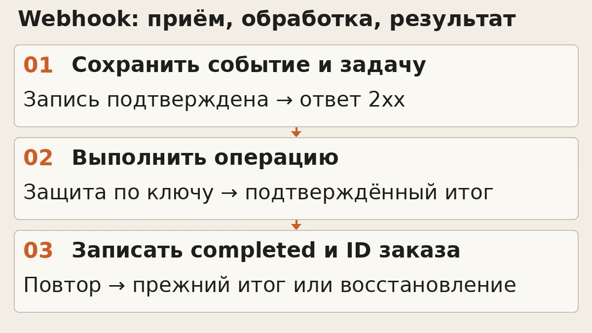 Схема: событие сначала проверяется и надёжно сохраняется; ответ 2xx подтверждает приём. Отдельный обработчик выполняет операцию, затем фиксирует completed и ID заказа. Повтор обращается к сохранённой задаче.