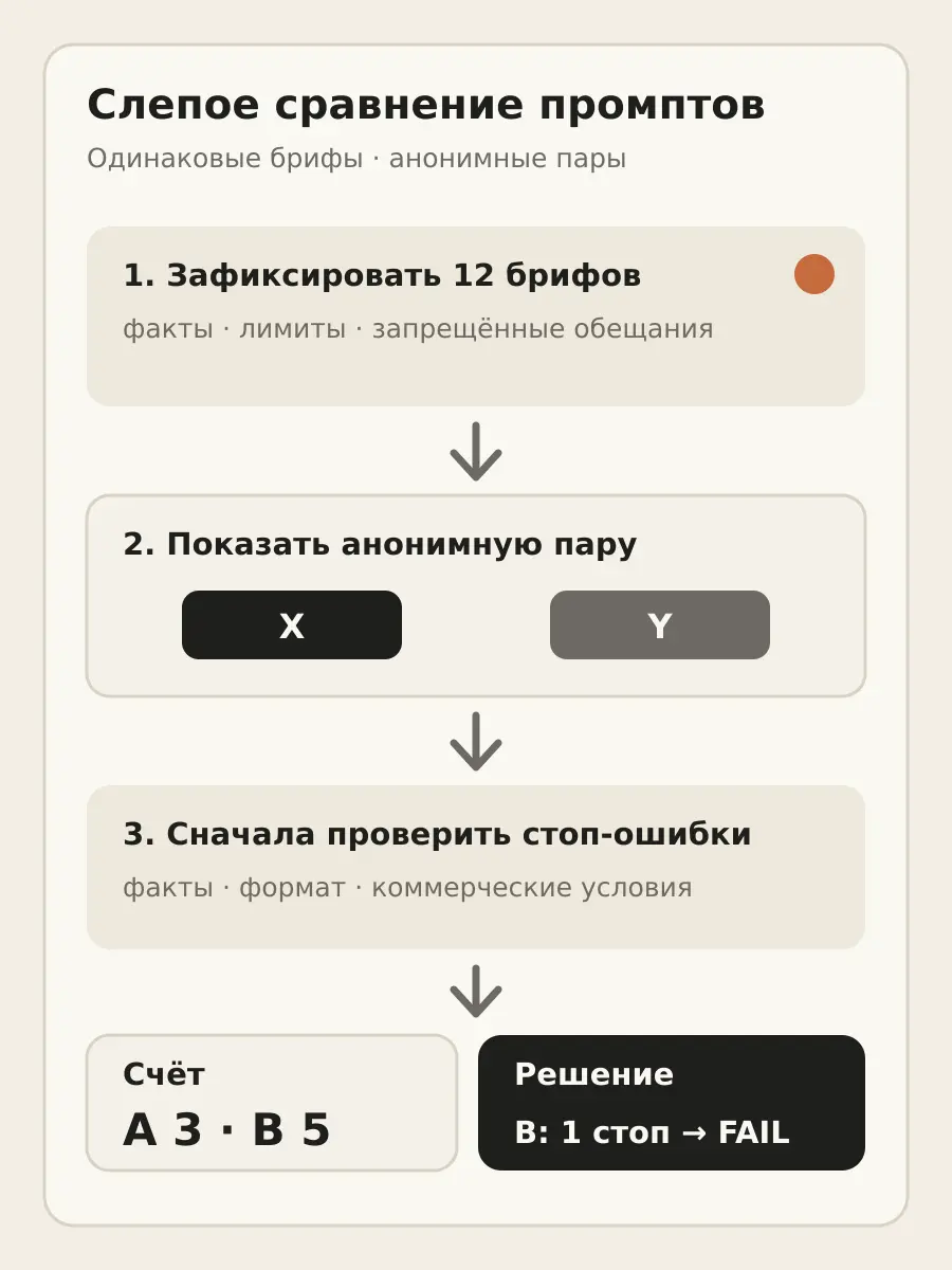 Схема слепого попарного теста: одинаковые брифы, анонимные пары, стоп-проверка и решение