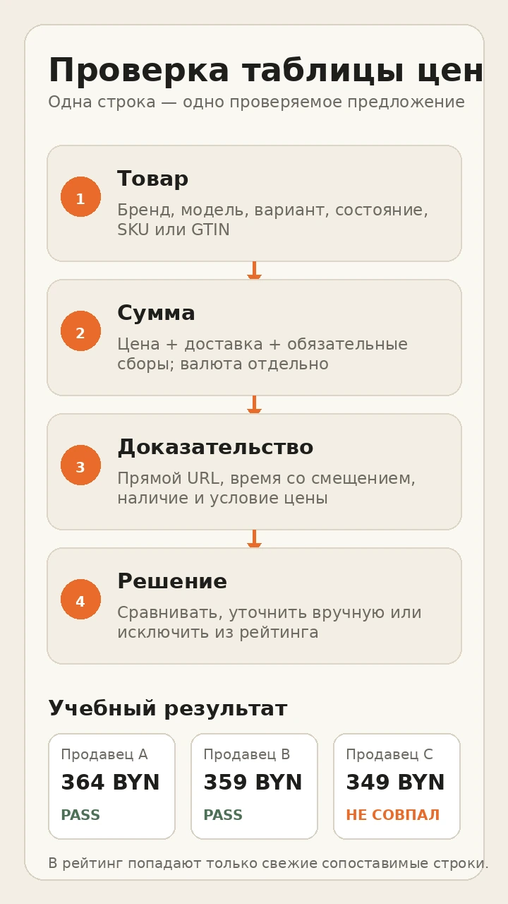 Схема проверки таблицы цен конкурентов: идентичность товара, состав суммы, доказательство и решение