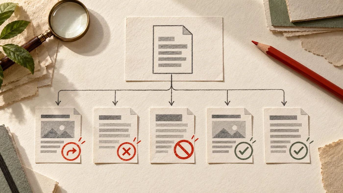 Бумажный sitemap разветвляется на пять карточек страниц: две отмечены как корректные, три требуют исправления.