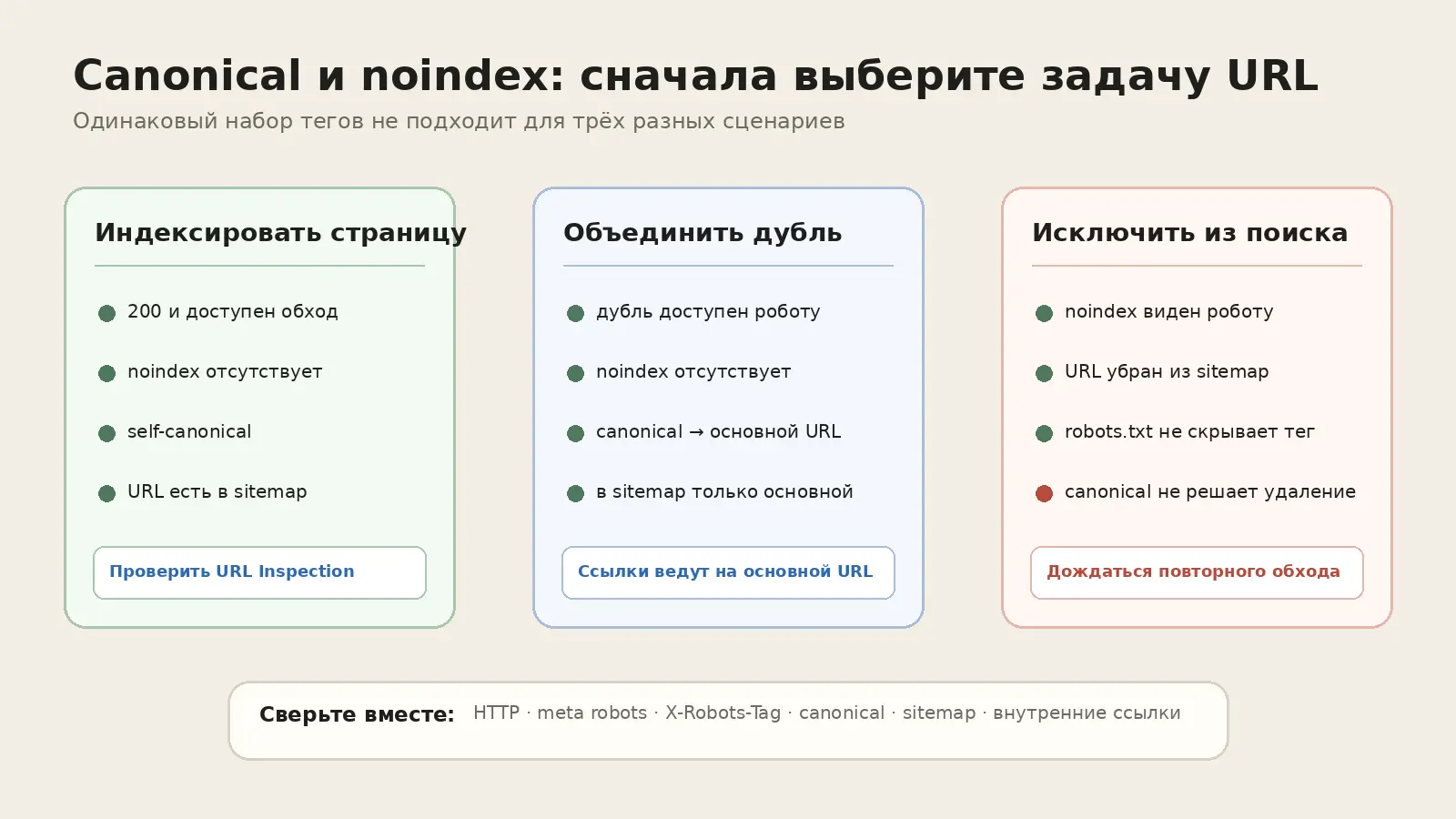 Матрица трёх сценариев для canonical и noindex: индексировать страницу, объединить дубль или исключить URL из поиска.