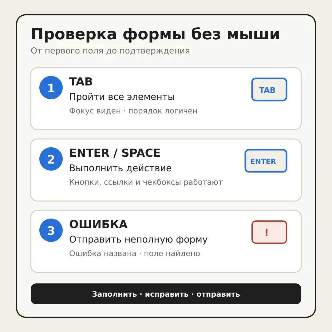 Три шага проверки формы без мыши: пройти элементы клавишей Tab, выполнить действия Enter или Space и отправить форму с ошибкой